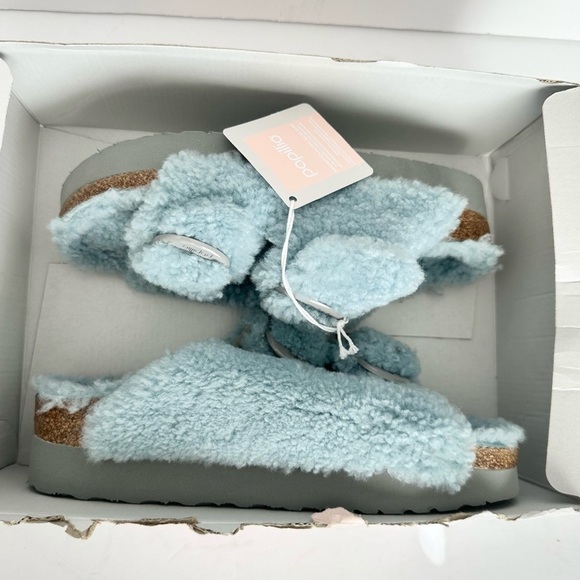 NWT Birkenstock Papillio Arizona Big Buckle Shearling fuzzy sandal blue 38/7 - Picture 8 of 16